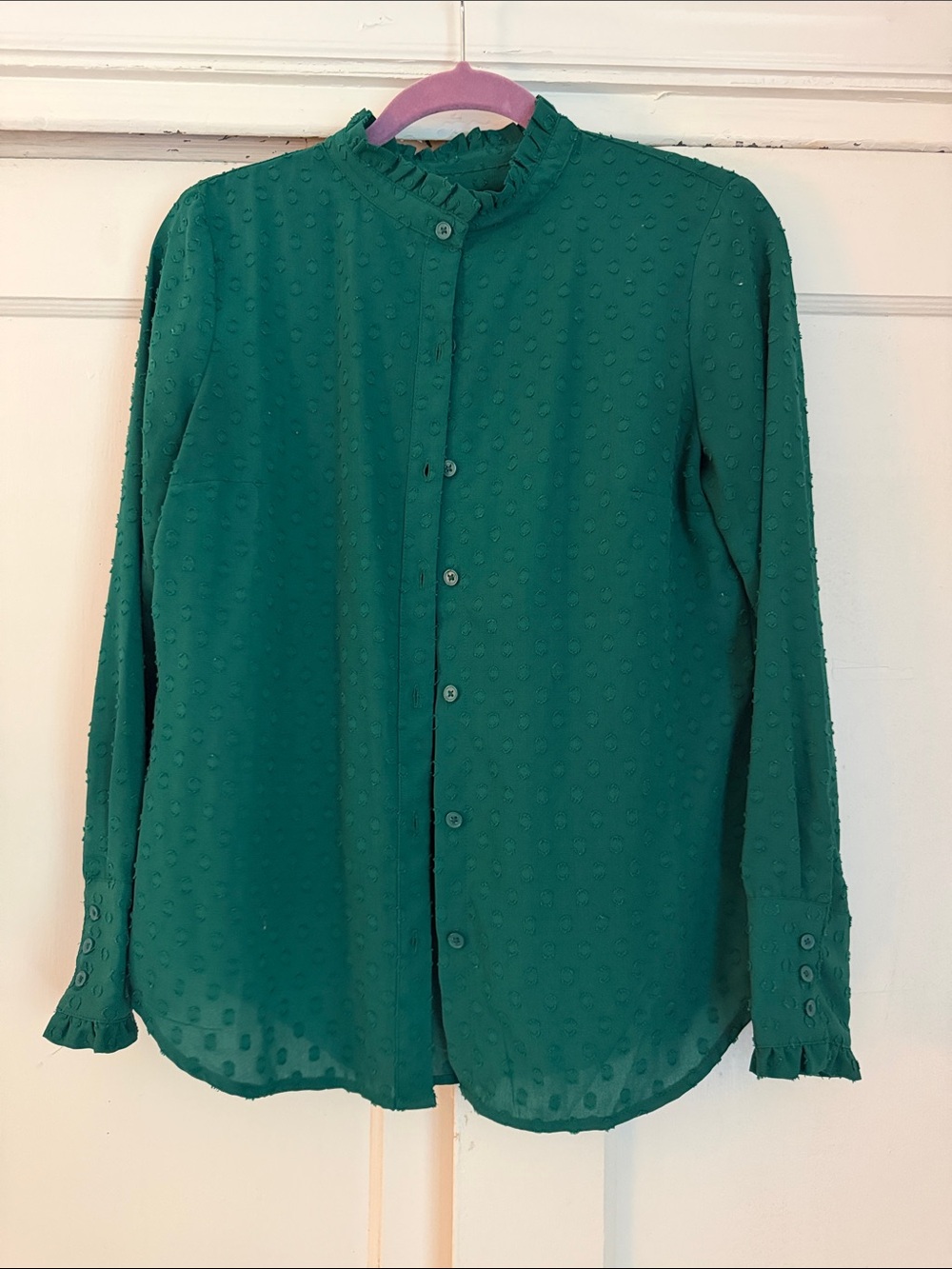 Banana Republic Women's Emerald Green Dot Textured Button-Up Shirt Small